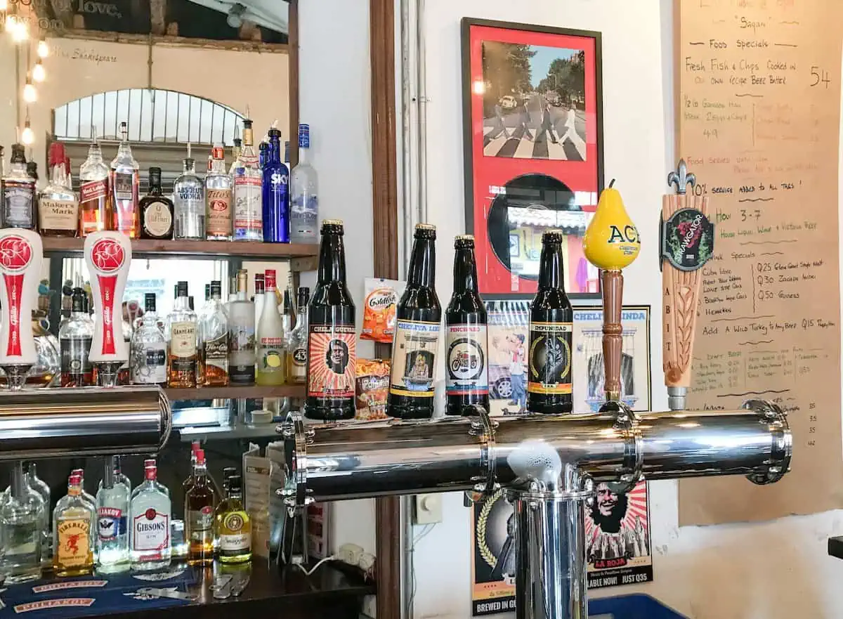 Beer (including a stout) on tap at The Londoner pub in Antigua Guatemala.