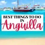 Collage of a boat and beach umbrellas on Anguilla for Pinterest.