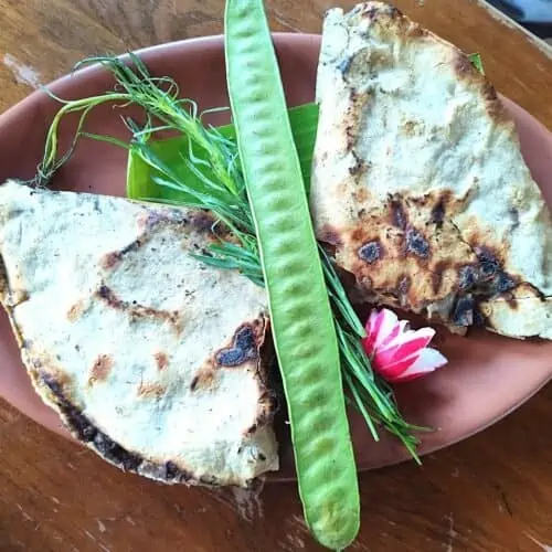 Oaxacan tlayuda with chepiche, guajes and radish.