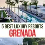Collage of luxury hotel swimming pools and beaches in Grenada.