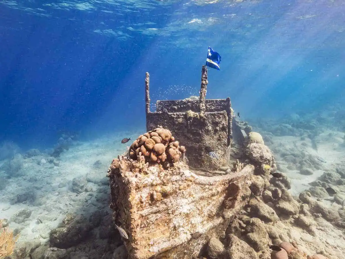 Tugboat shipwreck, a popular snorkel spot, in Curacao.  
