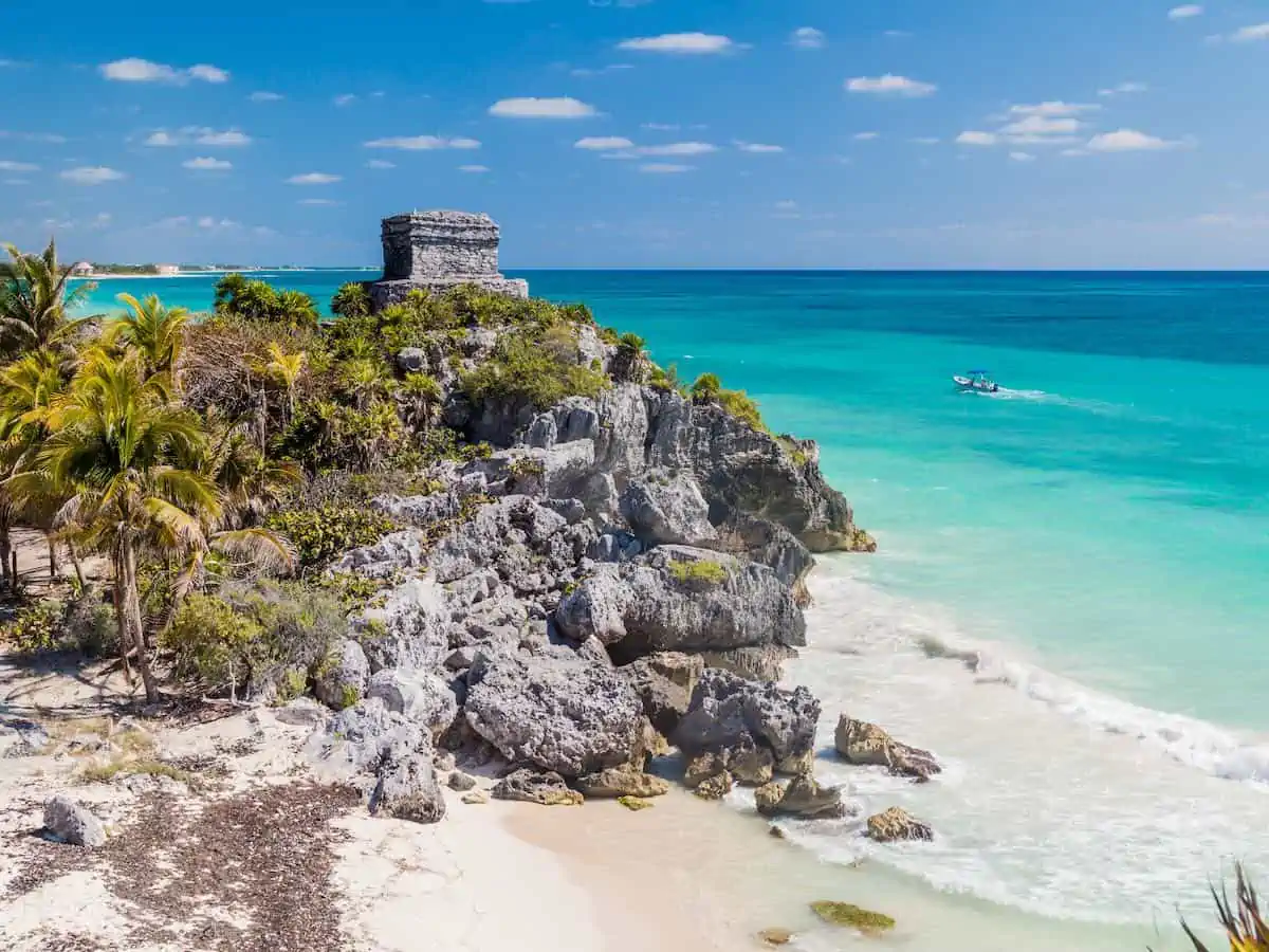 Ruins of the ancient Maya city Tulum and the Caribbean sea, Mexico.