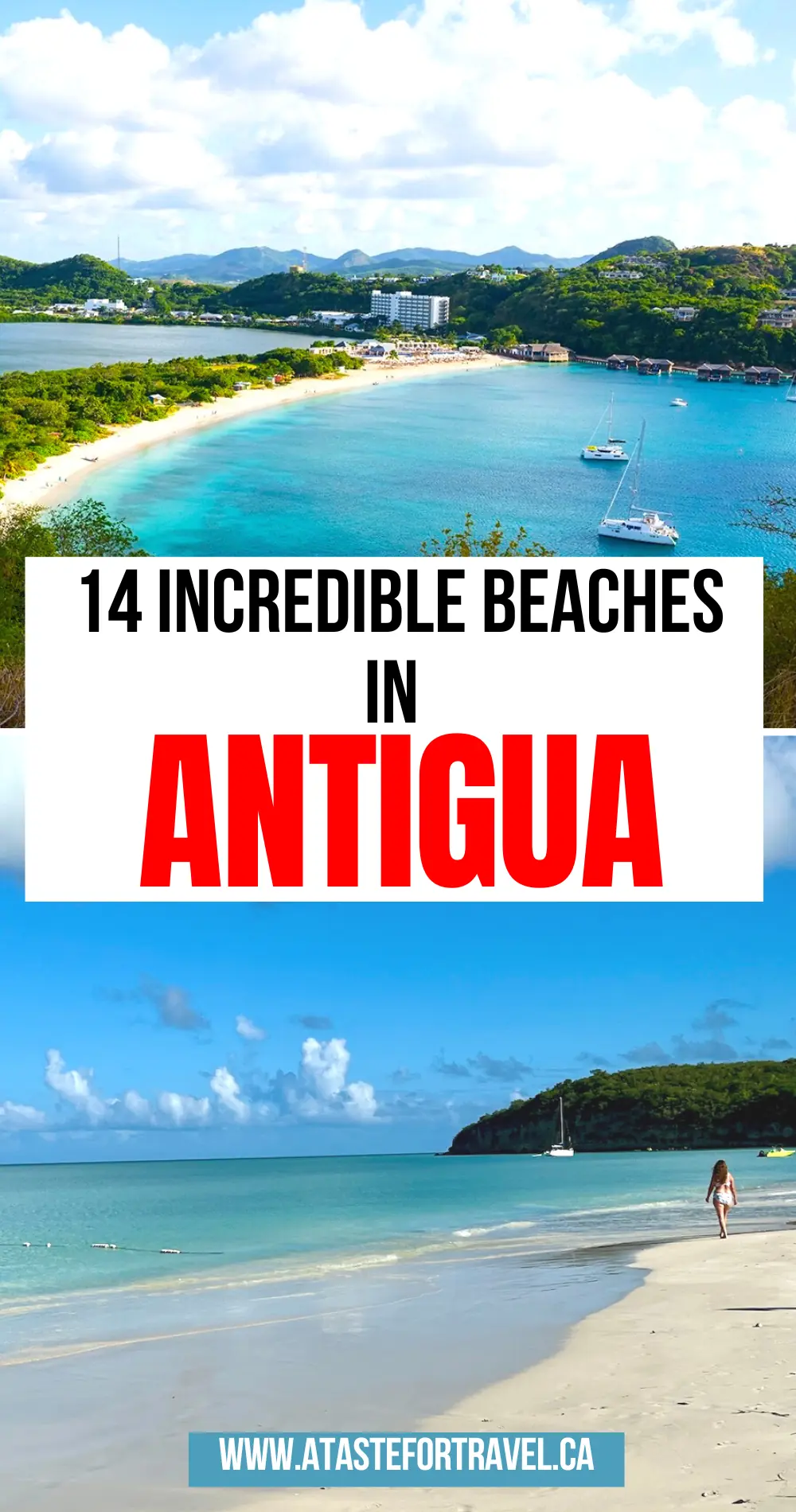 Collage of two beaches in Antigua, a Caribbean island. 