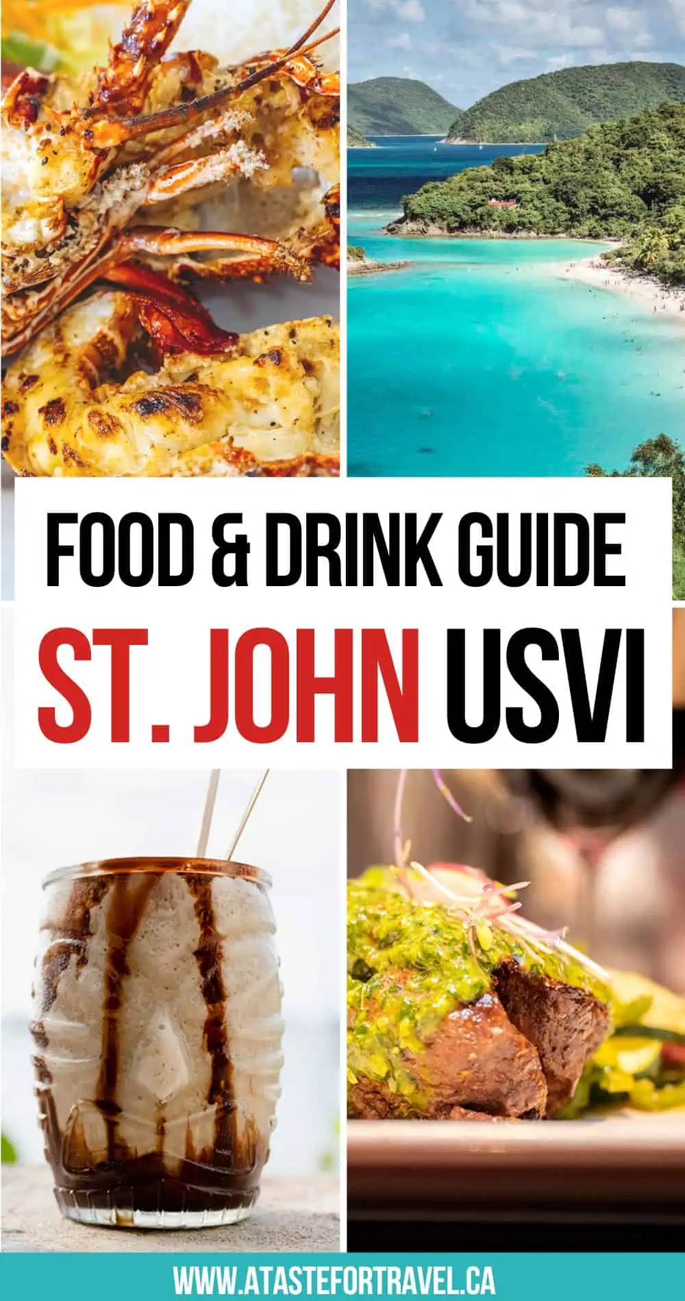 Collage of St. John food and scenery in USVI for Pinterest.