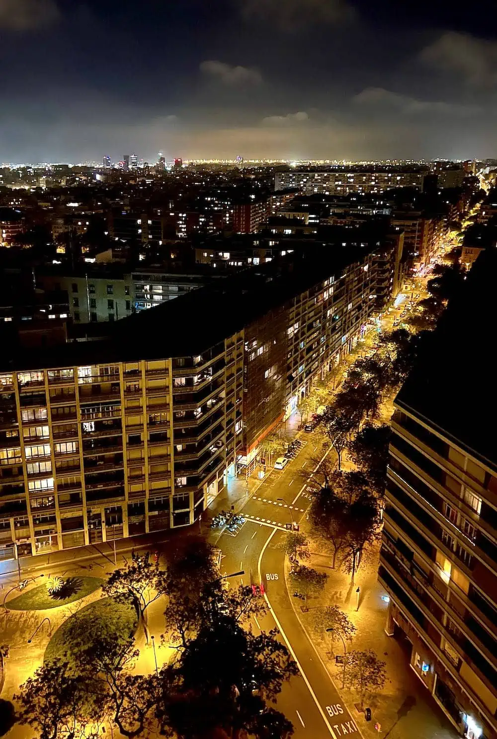 Night view of the Barcelona skyline from the 20th floor of the Melia Barcelona Sarria. 