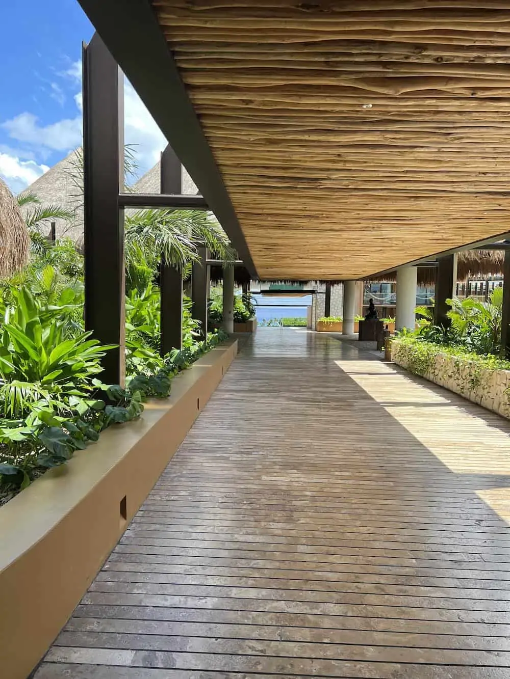 Walkway connecting the buildings at a resort in Mexico.