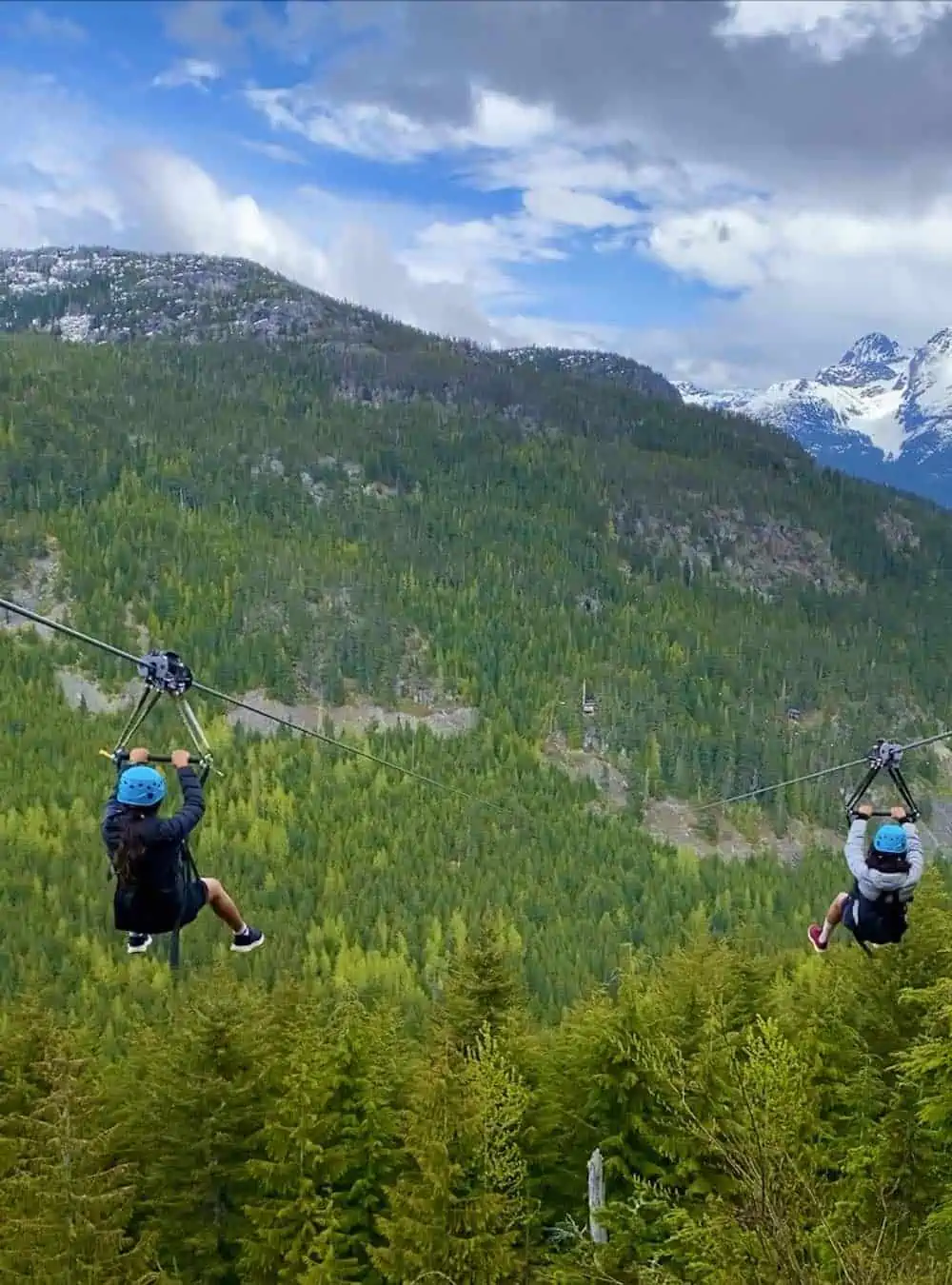 Two people ziplining at Whistler BC. Po