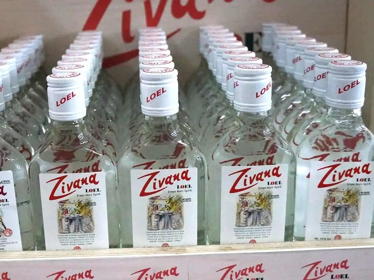 A row of bottles of Zivana on a shelf in Cyrpus.
