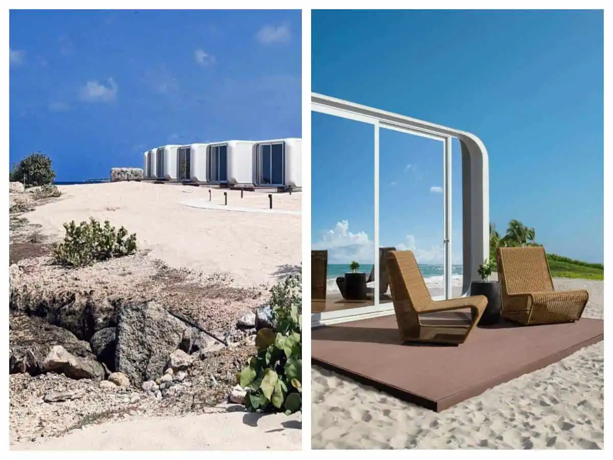 Beach front pod accommodations at Zoetry Resort in a collage. 
